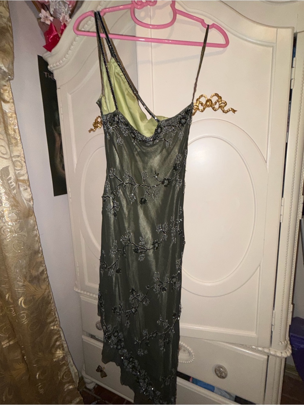 Vintage forest green silk beaded scala asymmetrical dress - Picture 8 of 10
